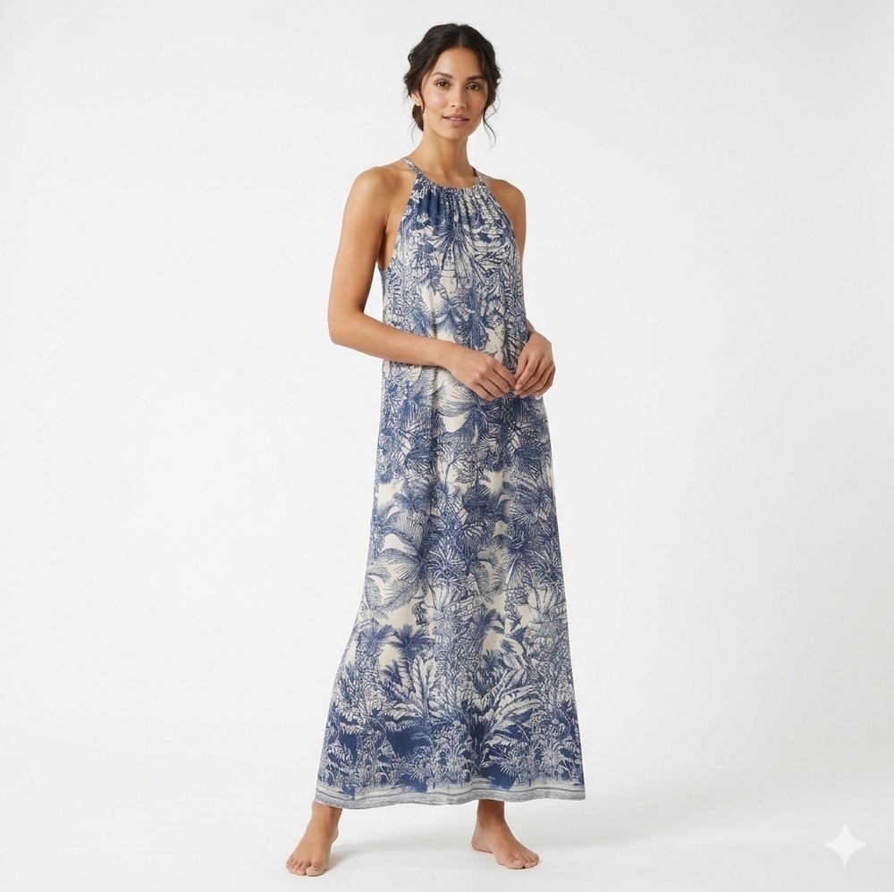 NWT Silk Blue and White Halter Maxi Dress